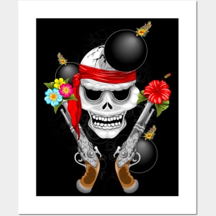 Pirate Skull, Ancient Guns, Flowers and Cannonballs Posters and Art